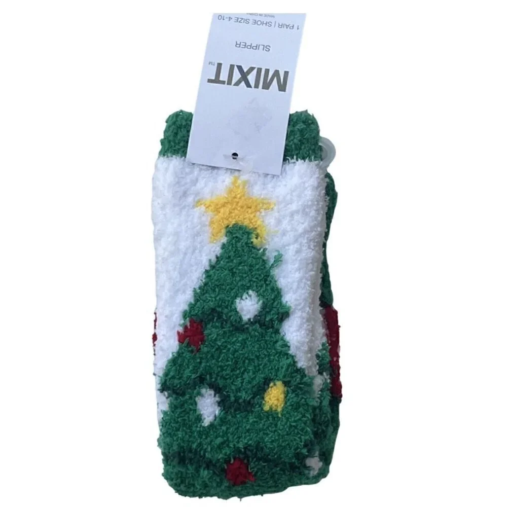 MIXIT 1 Pair Christmas Tree Cozy Fleece Non-Slip Slipper Socks Fits Shoe 4-10